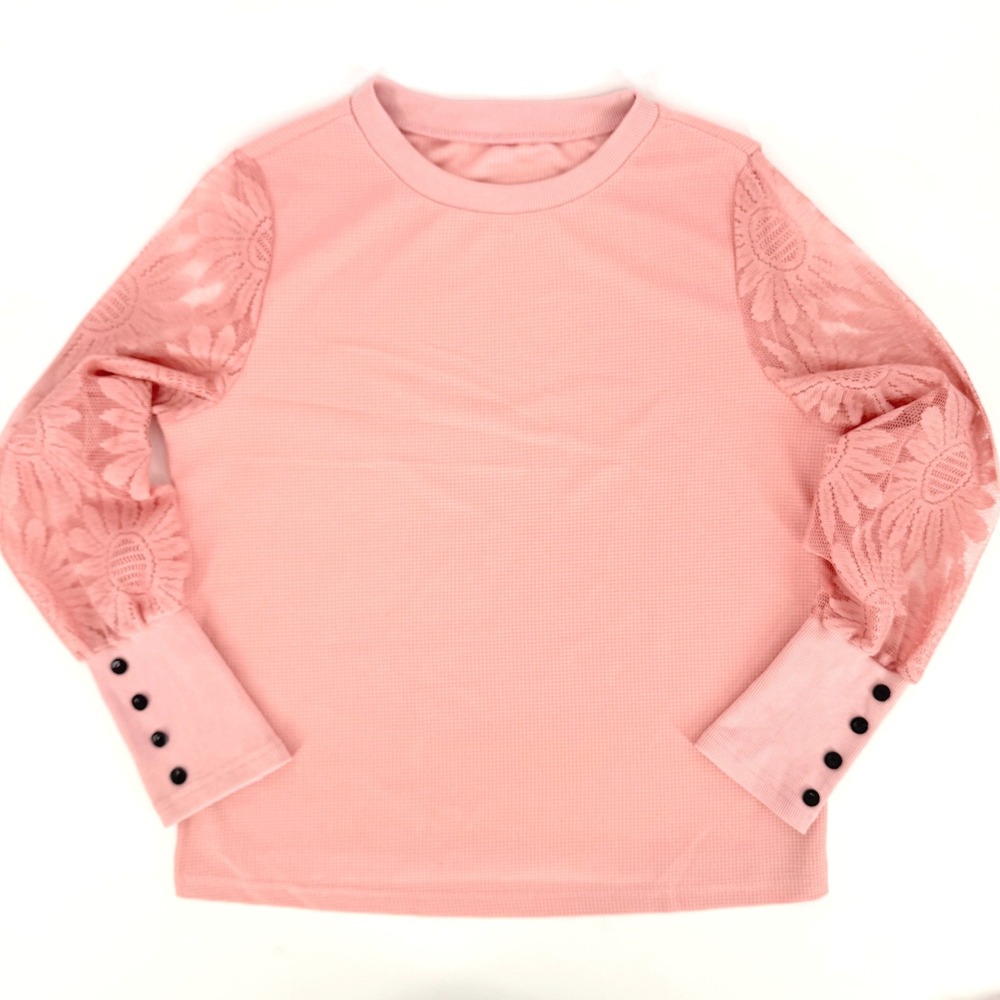 Pink Waffle Knit Top Floral Lace Balloon Sleeve Button Cuff Crew Neck Blouse